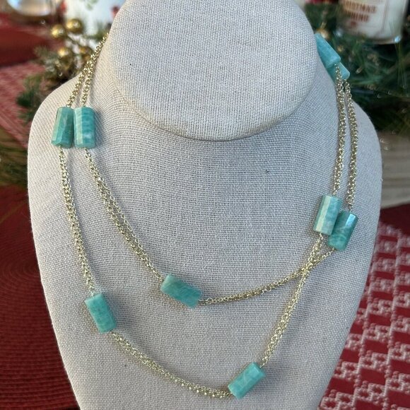 Rarities Carol Brodie Jewelry - Rarities Carol Brodie Gold-Plated Silver Barrel-Cut Amazonite Bead Necklace NWT